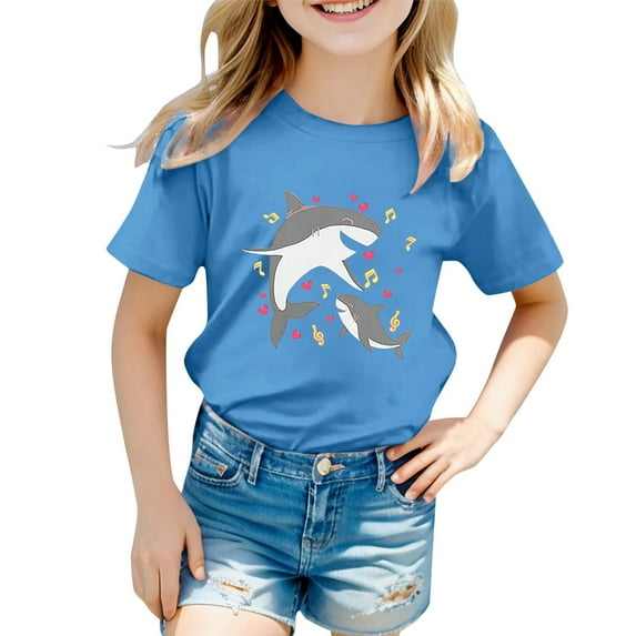 Hienoo Big Girl's Graphic T Shirt Shark Print Short Sleeved T-Shirt, Sizes 12M-13T
