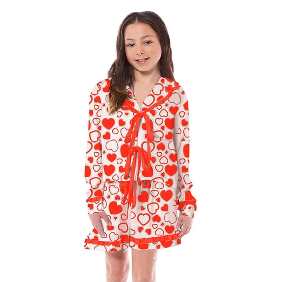 Hienoo Big Girl's Pajamas Hearts Print Long Sleeved Lace-Up Top Shorts Homewear Set