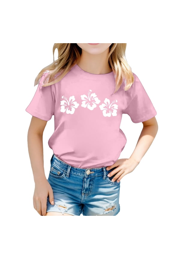 Big Girl's T Shirt Flower Print Short Sleeved Round Neck T-Shirt Kids Casual Tee