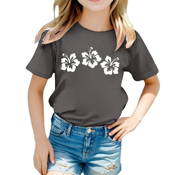 Hienoo Big Girl's T Shirt Flower Print Short Sleeved Round Neck T-Shirt Kids Casual Tee