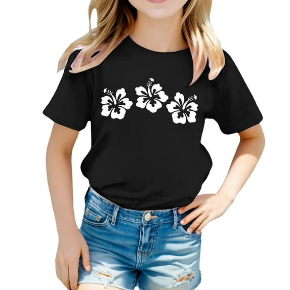Hienoo Big Girl's T Shirt Flower Print Short Sleeved Round Neck T-Shirt Kids Casual Tee