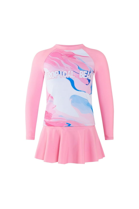 Big Girls 2-Piece Swimsuit Long Sleeve Rash Guard Skirt Bathing Suit, Sizes 7-14