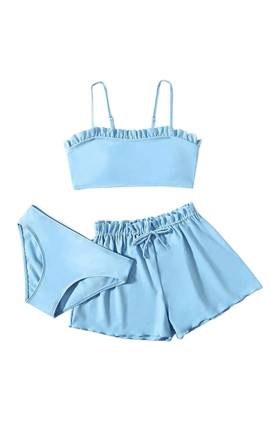 Big Girls 3-Piece Swimsuit Ruffle Bikini Set with Shorts UPF 50+ Bathing Suit