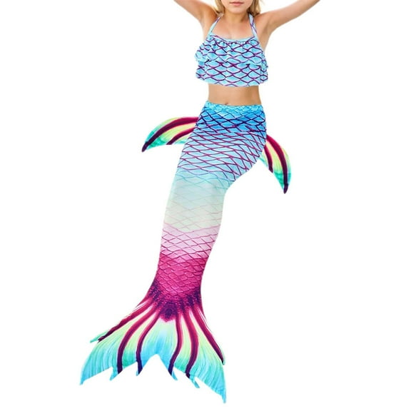 Hienoo Big Girls 3-Piece Swimsuit Scale Print Ruffle Bikinis Fish Tail Swimwear Set