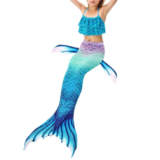 Hienoo Girls 3-Piece Swimsuit Ruffle Bikini Fish Tail Set Performance Swimwear, Sizes 4-13