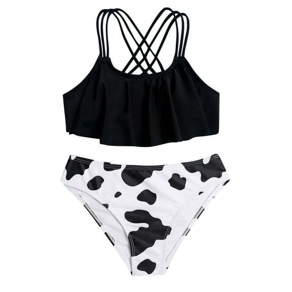 Hienoo Big Girls Bikini Swimsuit Criss-Cross Cow Print Beach Bathing Suit Swimwear