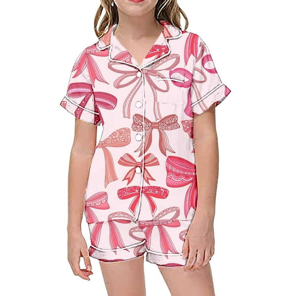 Hienoo Big Girls Bow Print Short Sleeve Button Shirt and Shorts Pajamas, Sizes 2-13