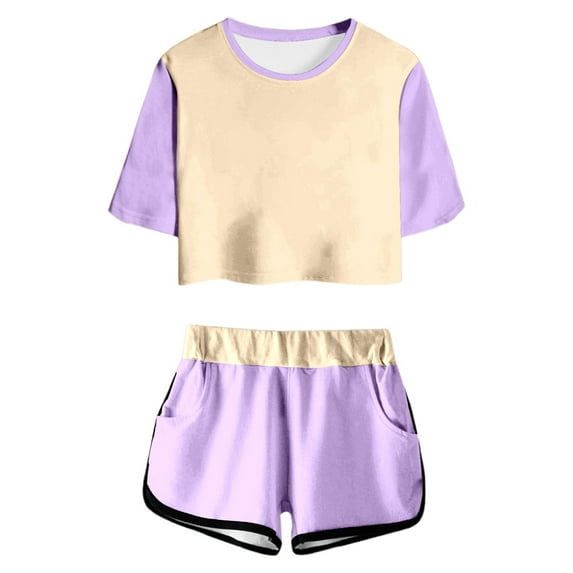 Hienoo Big Girls Casual Summer Outfits Color Block Short Sleeve T-Shirt Shorts Set, Sizes 13-14Y