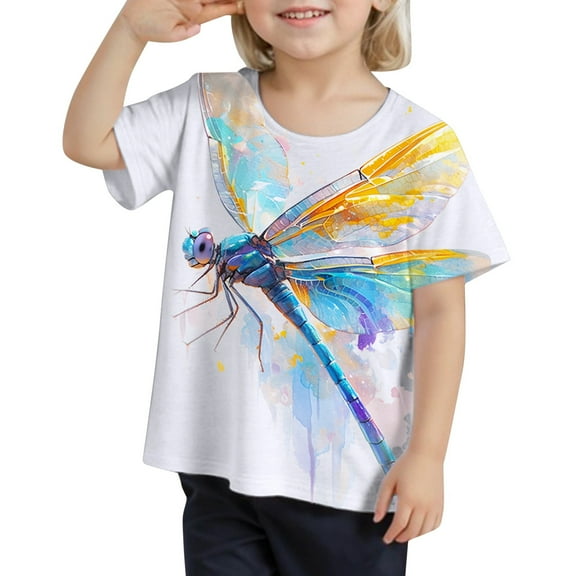 Hienoo Big Girls Casual T Shirt Dragonfly Print Short Sleeve T-Shirt, Sizes 1-13