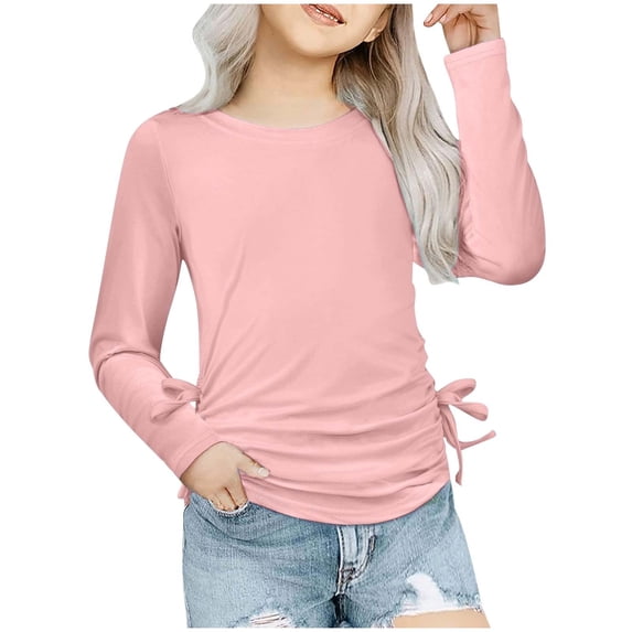 Hienoo Big Girls Casual T Shirt Solid Long Sleeve Ruched Knot Side T-Shirt Undershirt
