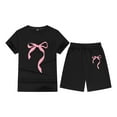 thumbnail image 1 of Hienoo Big Girls Clothing Set Short Sleeve Bow Print T Shirt and Shorts 2-Piece Outfits, 1 of 3