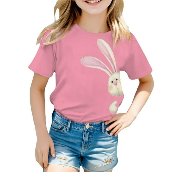 Hienoo Big Girls Cute Bunny T-Shirt Short Sleeve Round Neck T Shirt Tee Top, Sizes 1-13