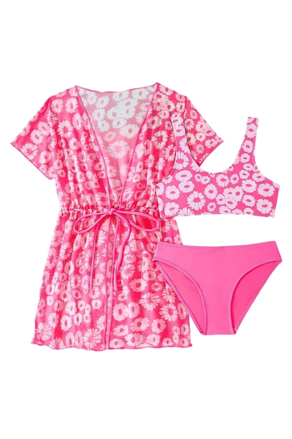 Big Girls Floral Bikini Set with Cover Up Beach Swimsuit Bathing Suit, 3-Piece