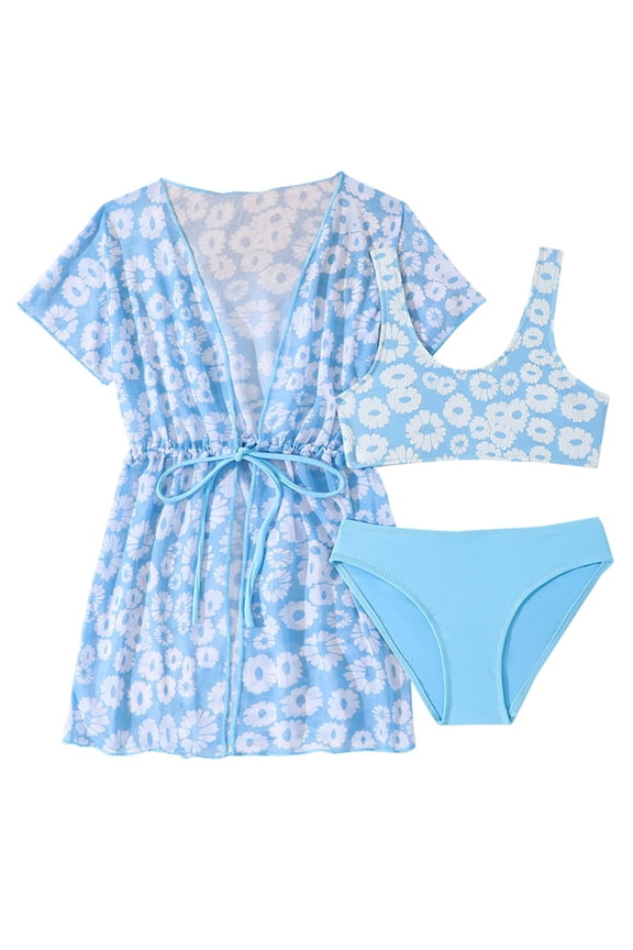Big Girls Floral Bikini Set with Cover Up Beach Swimsuit Bathing Suit, 3-Piece
