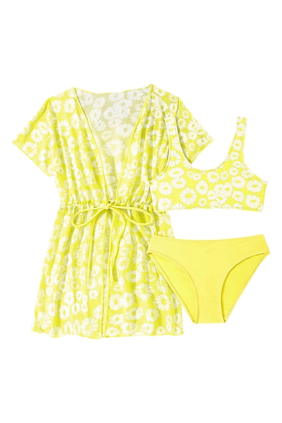 Big Girls Floral Bikini Set with Cover Up Beach Swimsuit Bathing Suit, 3-Piece