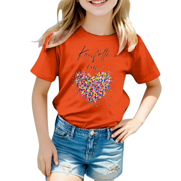 Hienoo Big Girls Graphic T Shirt Heart Print Short Sleeved Carnival Tshirt, Sizes 1-13