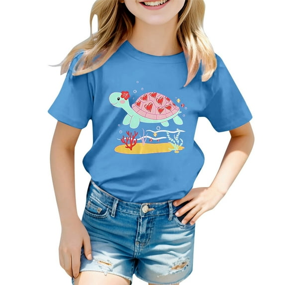 Hienoo Big Girls Graphic Tee Turtle Print Short Sleeve Casual T-Shirt, Sizes 12M-13T