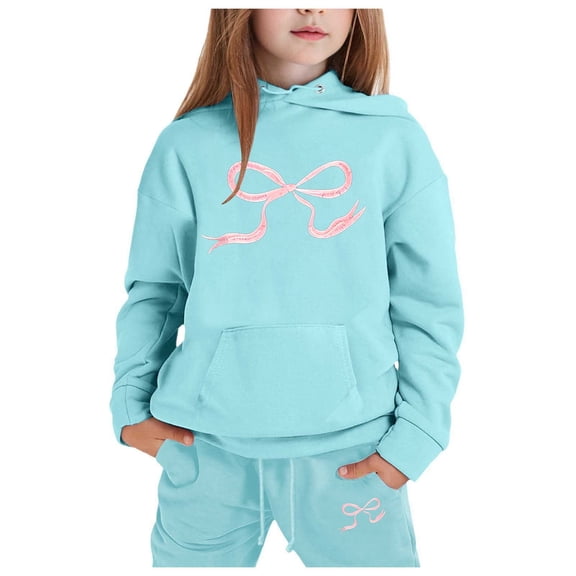 Hienoo Big Girls Hoodie Set Bow Print Hooded Sweatshirt Sweatpants Casual Sports Outfits