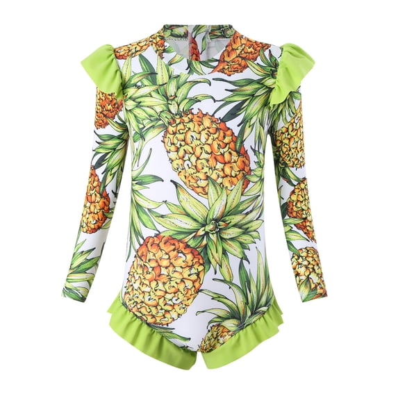 Hienoo Big Girls Long Sleeve Zip-Up Rash Guard Tropical Ruffle One-Piece Swimsuit