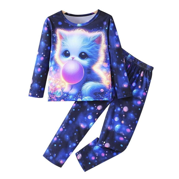 Hienoo Big Girls Noctilucent Cat Pajamas Long Sleeve T-Shirt Top Pants Sleepwear Outfits