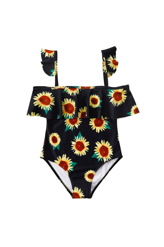 Big Girls One Piece Swimsuit Sunflower Print Ruffle Bathing Suit Swimwear