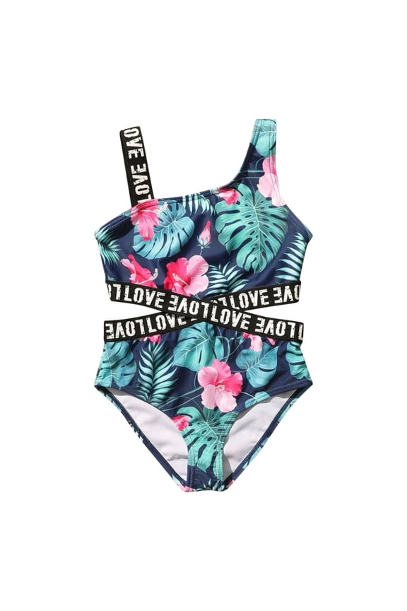 Big Girls One-Piece Swimsuit Tropical Ruffle Beach Bathing Suit UPF 50+ Swimwear
