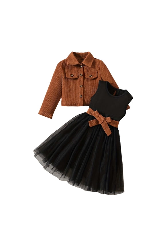 Big Girls Outfits Brown Corduroy Jacket and Sleeveless Tulle Dress 2Pcs Set