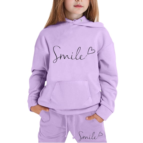 Hienoo Big Girls Outfits Letter Print Pullover Hoodie Sweatpants Set, Size 2-13