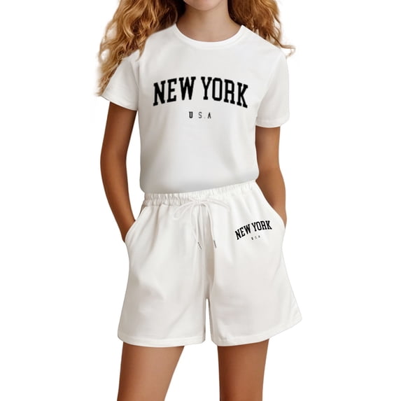 Hienoo Big Girls Outfits New York Print Short Sleeve T Shirt & Shorts Set, Sizes 9-10Y
