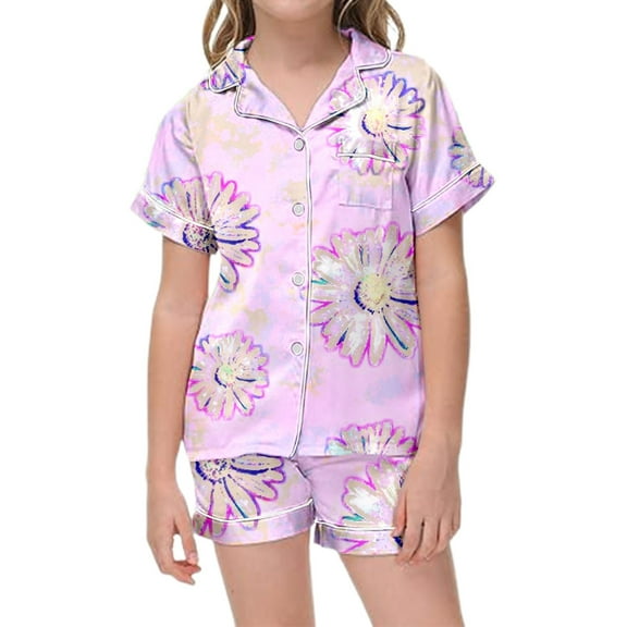 Hienoo Big Girls Pajama Sets Flower Print Short Sleeve Shirt and Shorts Kids Sleepwear