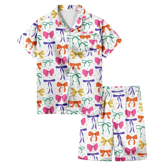 Hienoo Big Girls Pajamas Bow Print Short Sleeve Button Top Shorts Sleepwear, Size 3-13