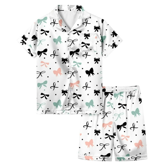 Hienoo Big Girls Pajamas Bow Print Short Sleeved Button Top Shorts Sleepwear, Sizes 3-13