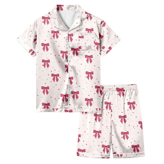Hienoo Big Girls Pajamas Bow Prints Short Sleeves Shirt & Shorts Homewear, Sizes 3-13