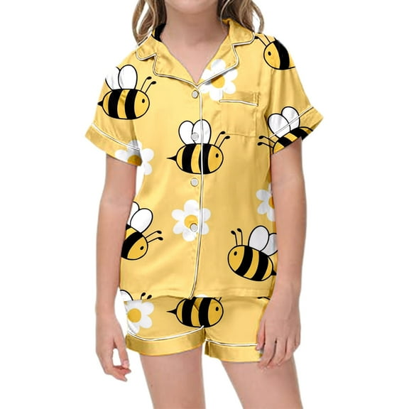 Hienoo Big Girls Pajamas Cartoon Bee Print Short Sleeve Shirt & Shorts Sleepwear