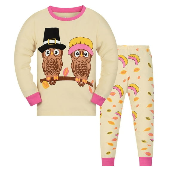 Hienoo Big Girls Pajamas Cartoon Owl Print Long Sleeve Top Pants Sleepwear Clothes Set