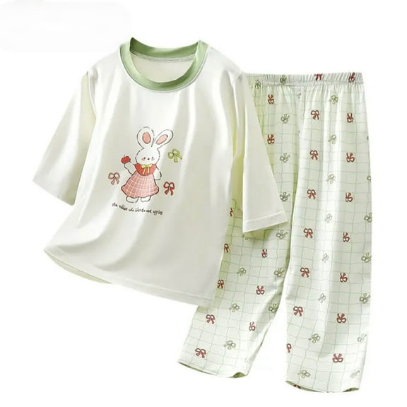 Hienoo Big Girls Pajamas Cartoon Print 3/4 Sleeve T-Shirt Pants Sleepwear Homewear