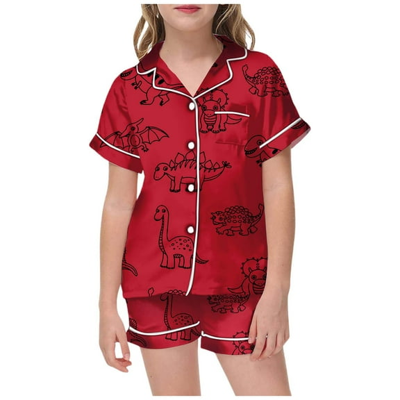 Hienoo Big Girls Pajamas DIY Hand Painted Homewear Set Dinosaur Print Short Sleeve Button Shirt Shorts Sleepwear
