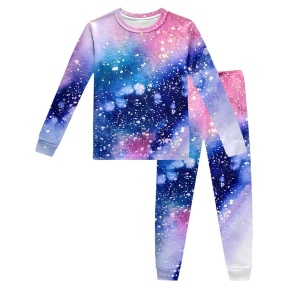 Hienoo Big Girls Pajamas Galaxy Print Long Sleeved T Shirt Pants Kids Sleepwear 2PCS Set