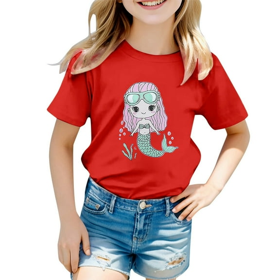 Hienoo Big Girls Short Sleeve T-Shirt Cartoon Print Cute Casual T Shirt, Sizes 12M-13T