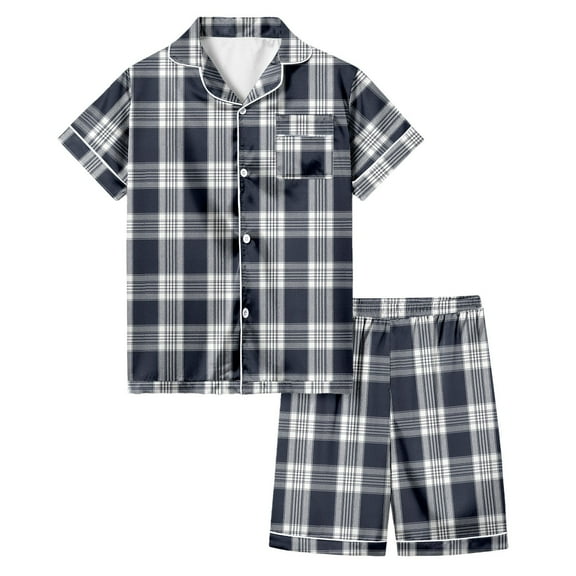 Hienoo Big Girls Short Sleeve Top and Shorts Pajama Set Plaid Snug Fit Homewear Set