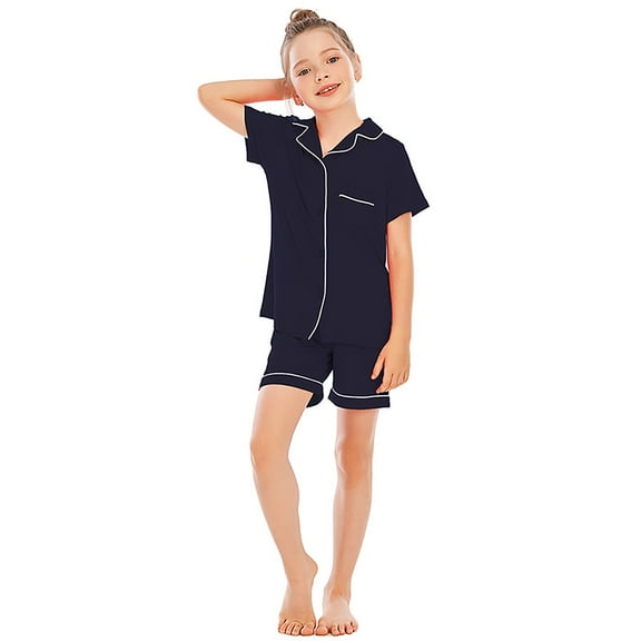 Hienoo Big Girls Short Sleeve Top and Shorts Pajama Sets Solid Unisex Loungewear Pj's Set