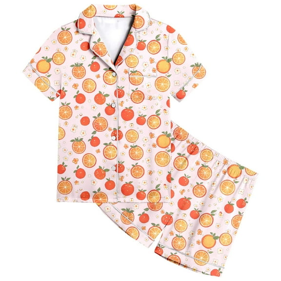 Hienoo Big Girls Sleepwear Set Orange Print Short Sleeve Pajamas Homewear, Sizes 2-13