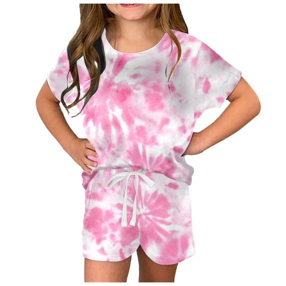 Hienoo Big Girls Summer Clothes Set Tie-Dyed Short Sleeved T-Shirt Shorts 2-Piece Set