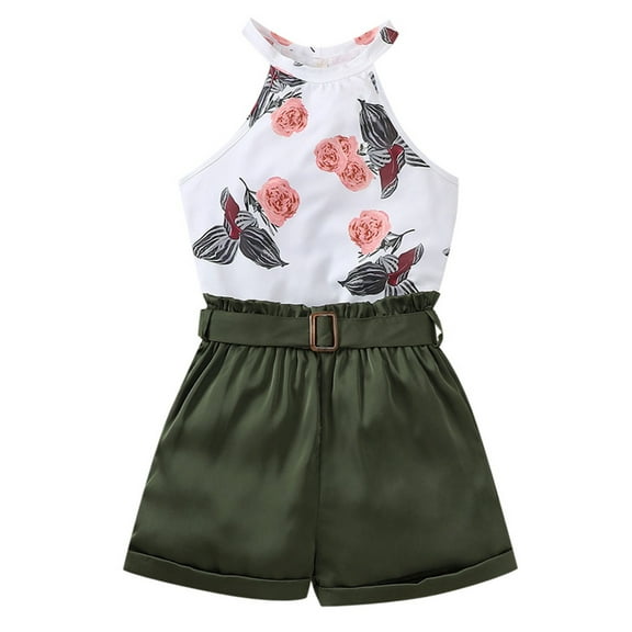 Hienoo Big Girls Summer Outfits Stylish Halter Floral Tank Top Shorts Set, Sizes 11-12Y