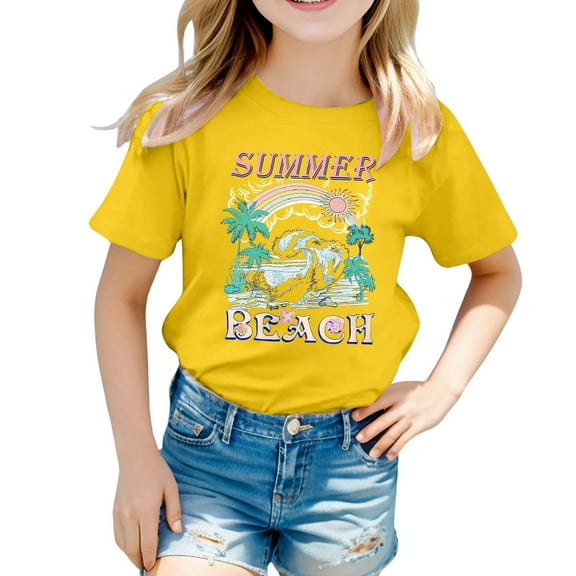 Hienoo Big Girls Summer T-Shirt Short Sleeve Graphic T Shirt Casual Beach Tee Shirt