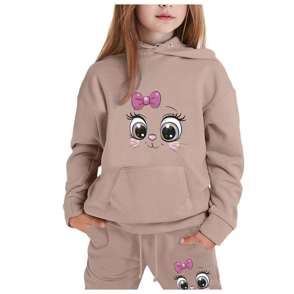 Hienoo Big Girls Sweatsuit Cartoon Cat Print Hoodie Sweatpants Outfits 2Pcs Clothes Set