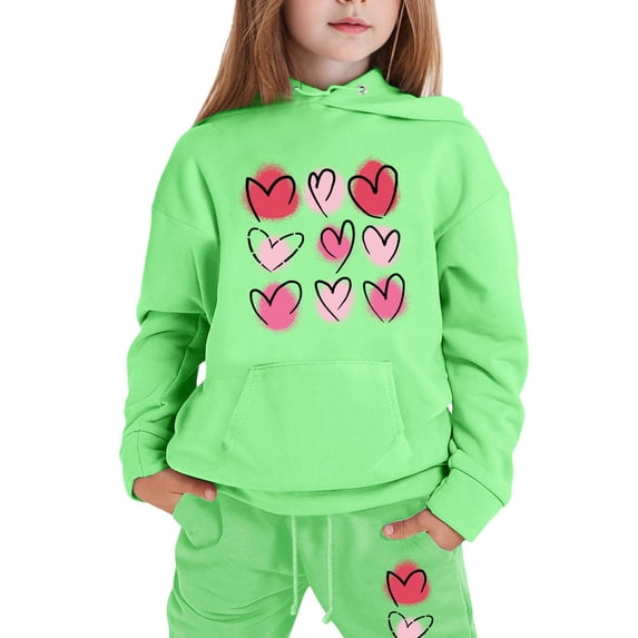 Hienoo Big Girls Sweatsuit Hearts Print Pullover Hoodie and Jogger Pants 2Pcs Outfits