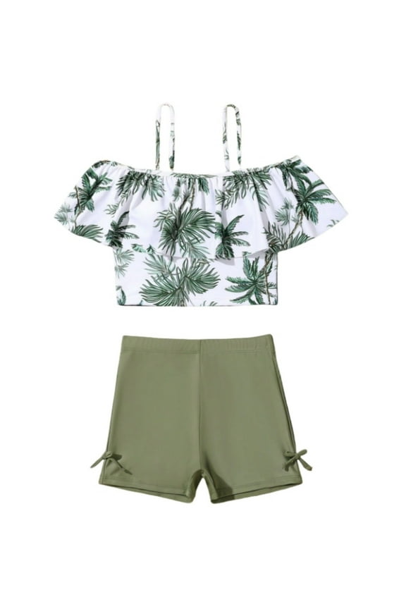 Big Girls Swimsuit Off Shoulder Ruffle Tankini Top Boyshorts Swimwear, Sizes 7-12