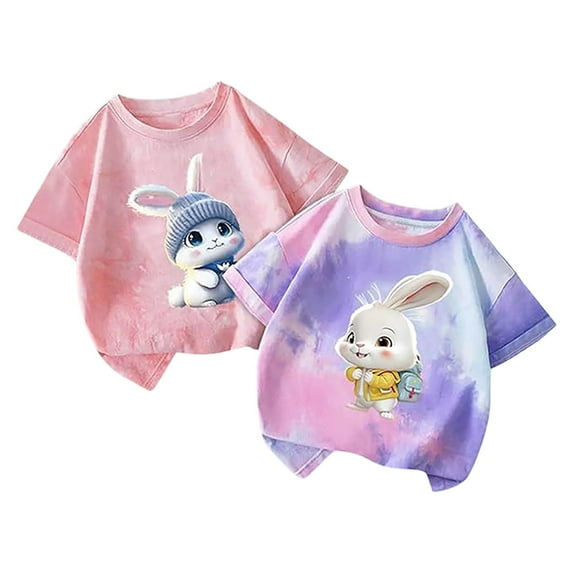Hienoo Big Girls T Shirt, 2-Pack, Bunny Short Sleeve T-Shirt Summer Active Tshirt