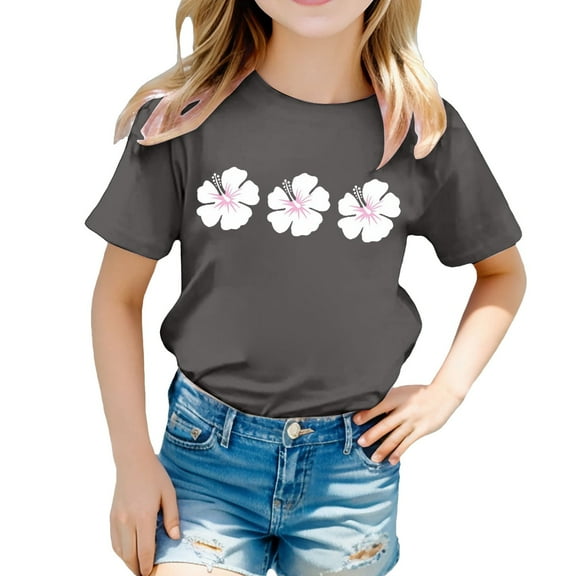 Hienoo Big Girls T-Shirt Flower Short Sleeve Crew Neck T Shirt Children's Summer Tshirt
